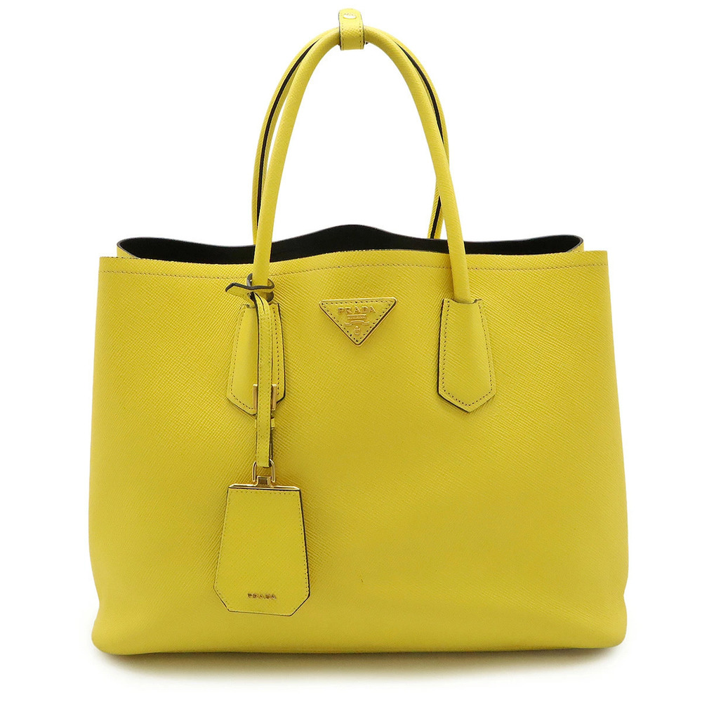 Prada Triangle Double Bag Tote Handbag Saffiano Leather Yellow